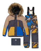 Two Piece Play Snowsuit Colorblock with Grey and Blue Dinosaur Print Pants