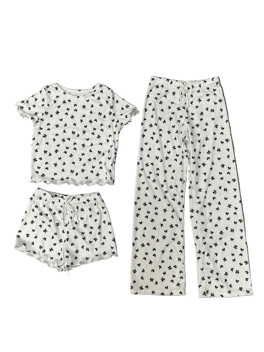 Girls Printed Lounge 3 Pc Short Sleeve Top Pants and Shorts Set