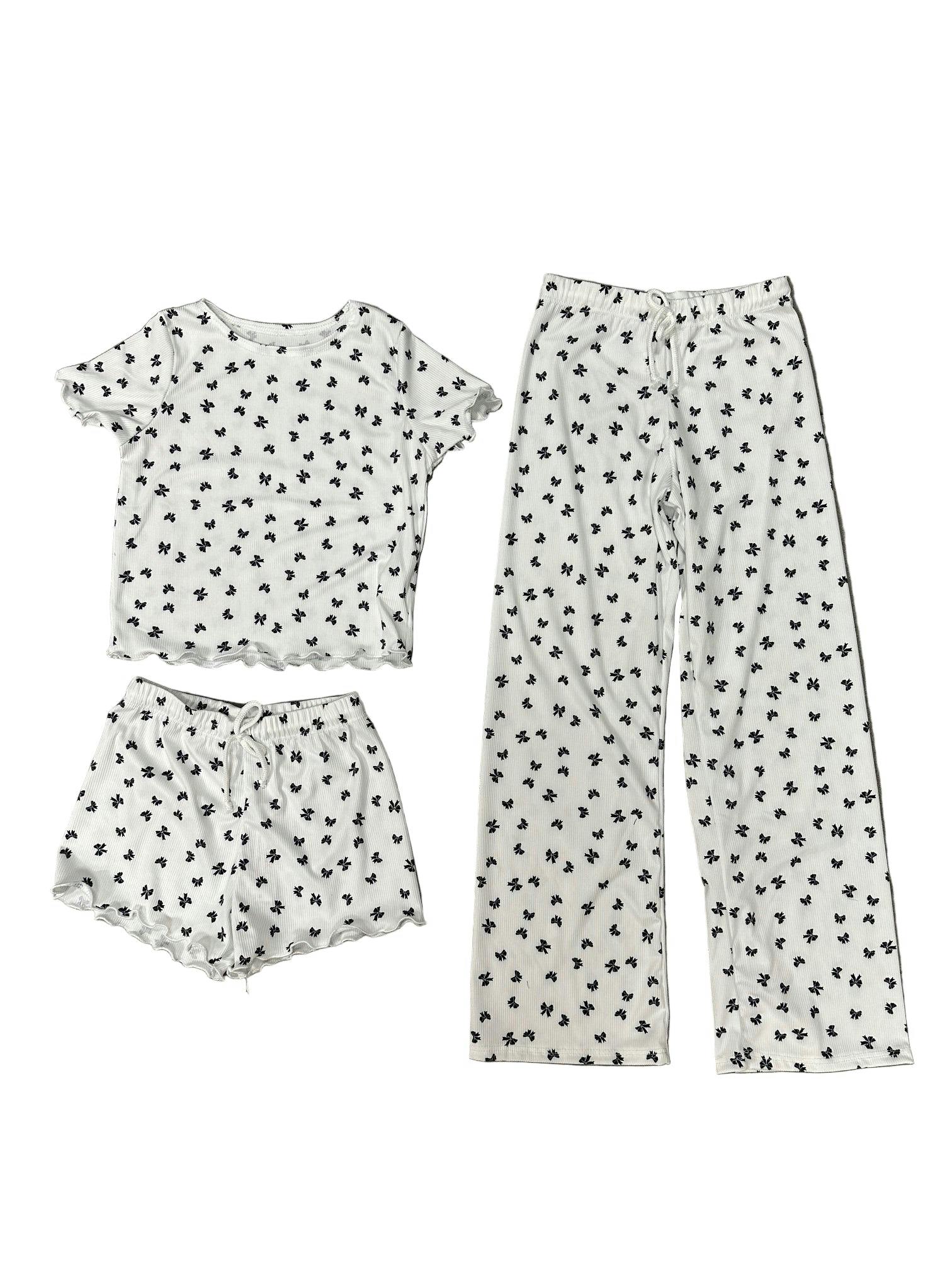 Girls Printed Lounge 3 Pc Short Sleeve Top Pants and Shorts Set