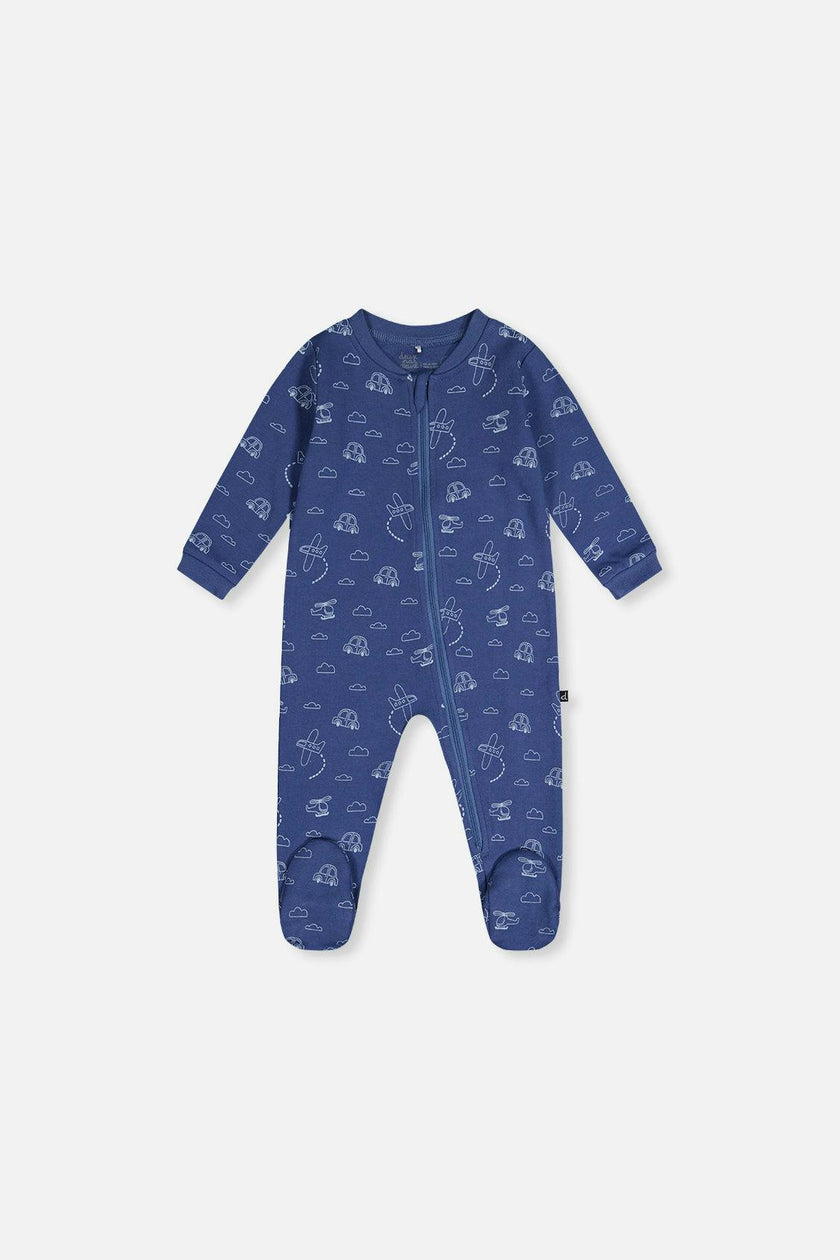 Baby Organic Cotton One Piece Pajama Blue Transport Print