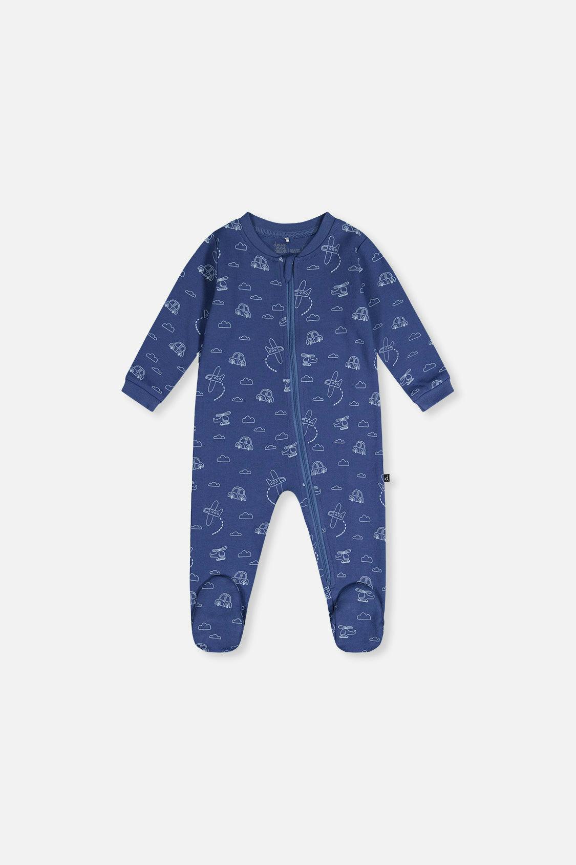 Baby Organic Cotton One Piece Pajama Blue Transport Print