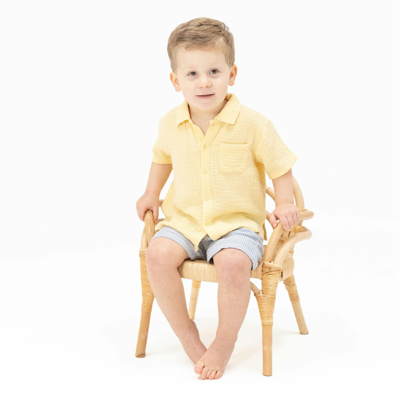 Micro Gingham Blue Blizzard - Polo Button Up with Casual Short