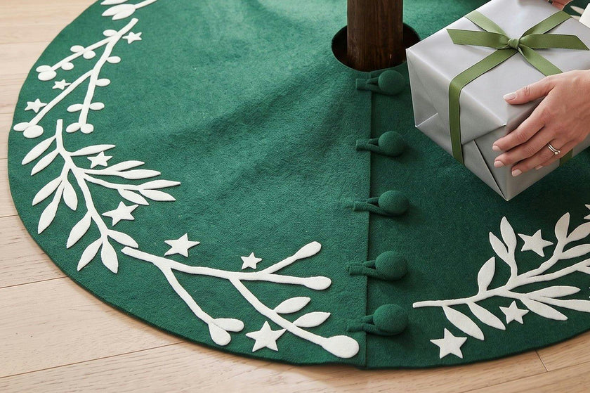Handmade Felt Cream Branches and Stars Green Christmas Tree Skirt 60"