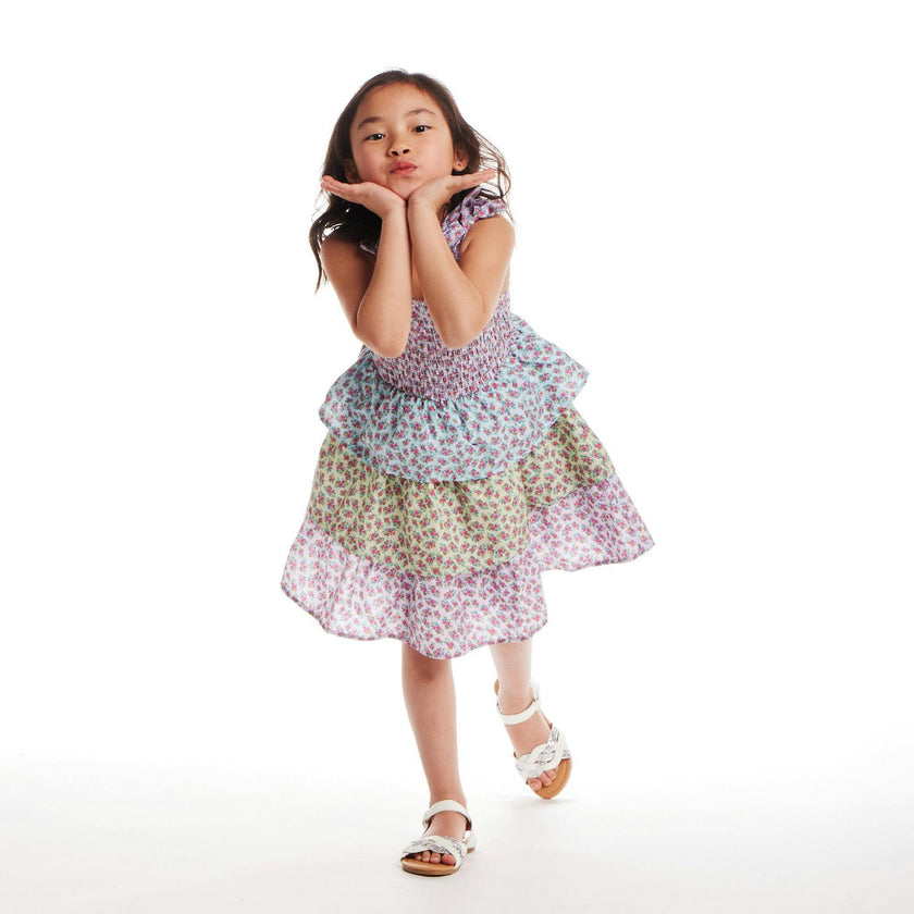 Kids Color Blocked Floral Tiered Dress