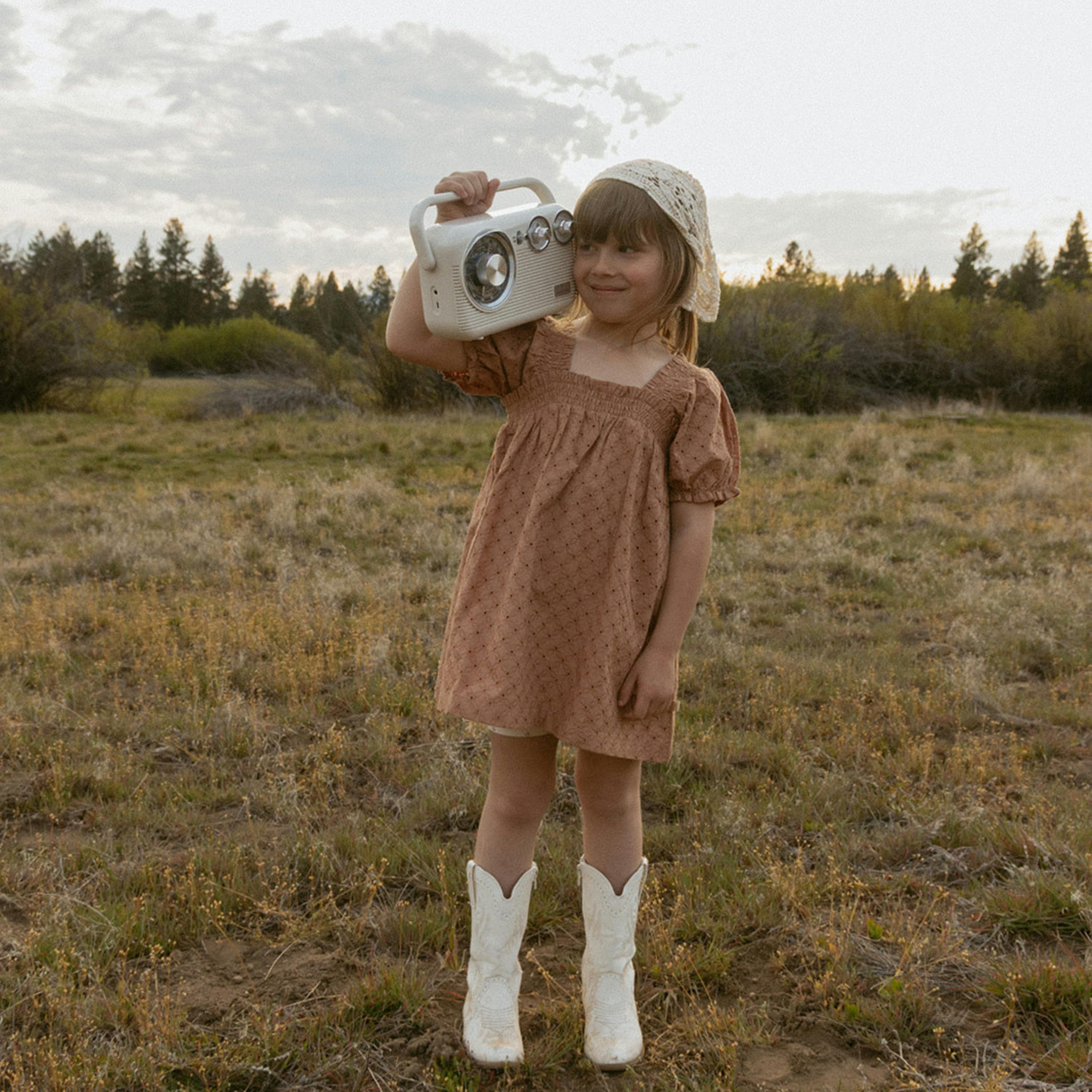 Organic Eyelet Bubble Sleeve Dress - Clay Eyelet