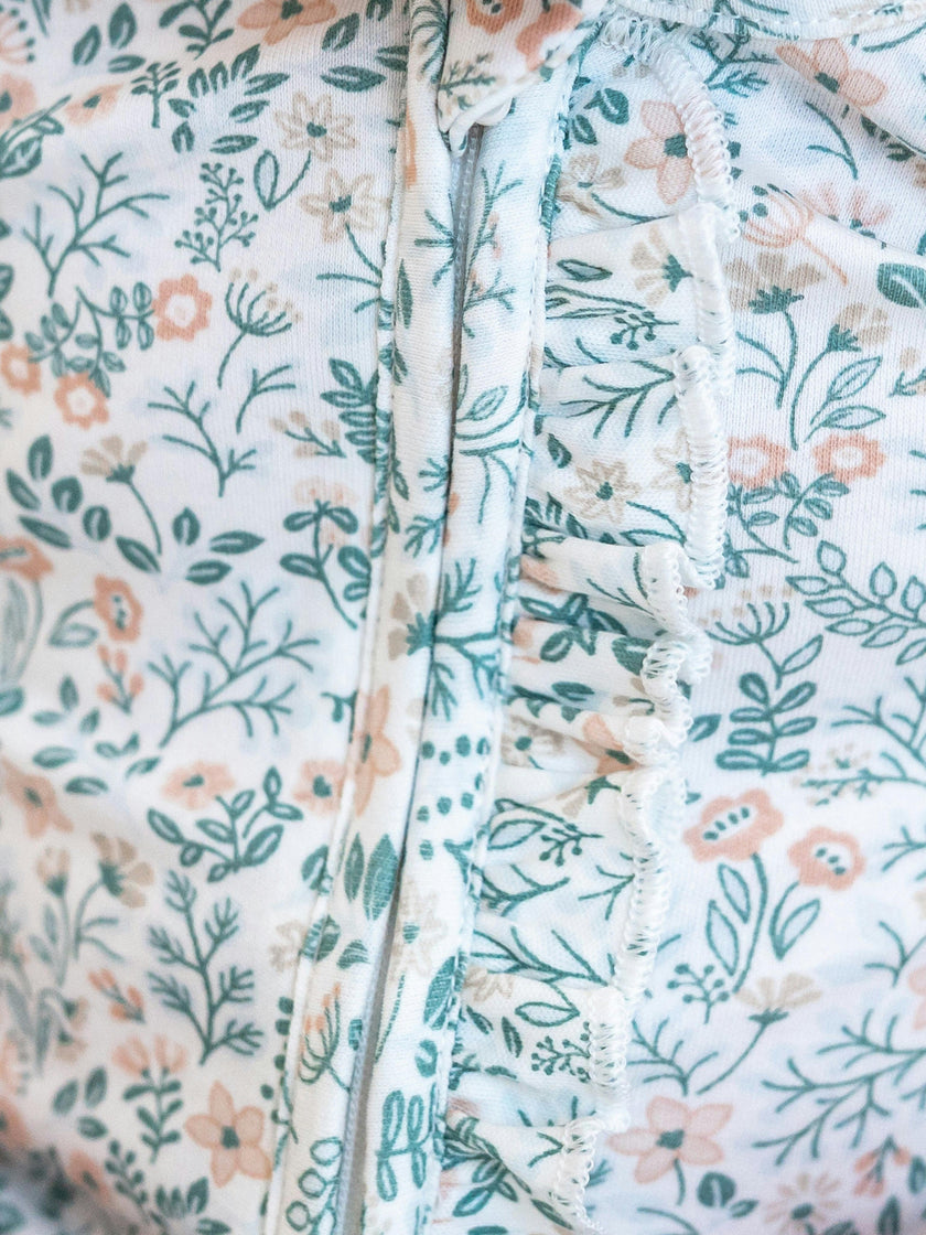 Neve Ruffle Zipper Footed Romper - Merion Floral / Laguna + Shell