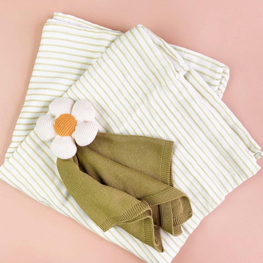 Green Stripe Swaddle and Lovey Set - Flower
