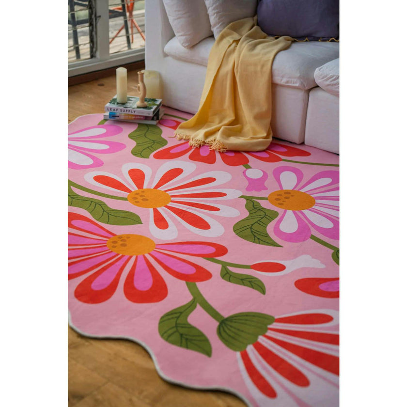 Pink Base Pink Floral Wavy Rug by Jessica Miller