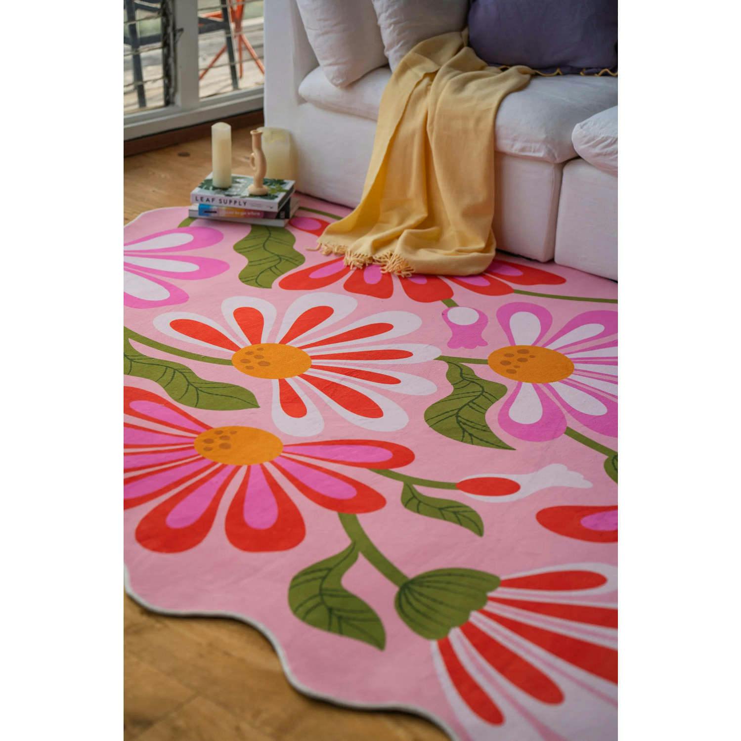 Pink Base Pink Floral Wavy Rug by Jessica Miller
