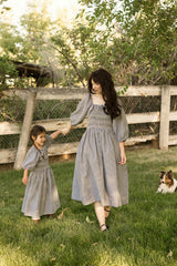 Mini Mae 3/4 Sleeve Dress in Prussian Blue Plaid