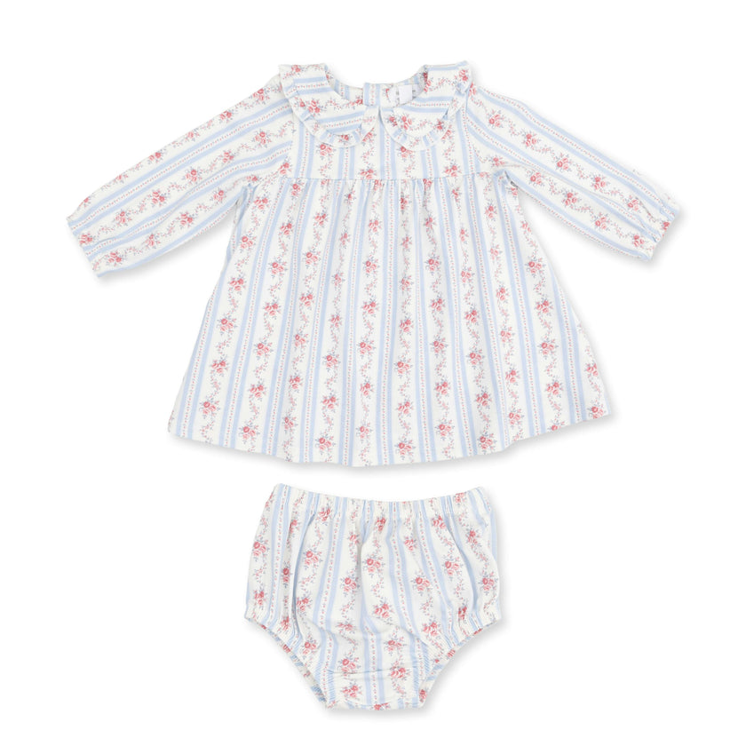 Anna Floral Stripe - Long Sleeve Peter Pan Ruffle Collar Dress and Bloomer