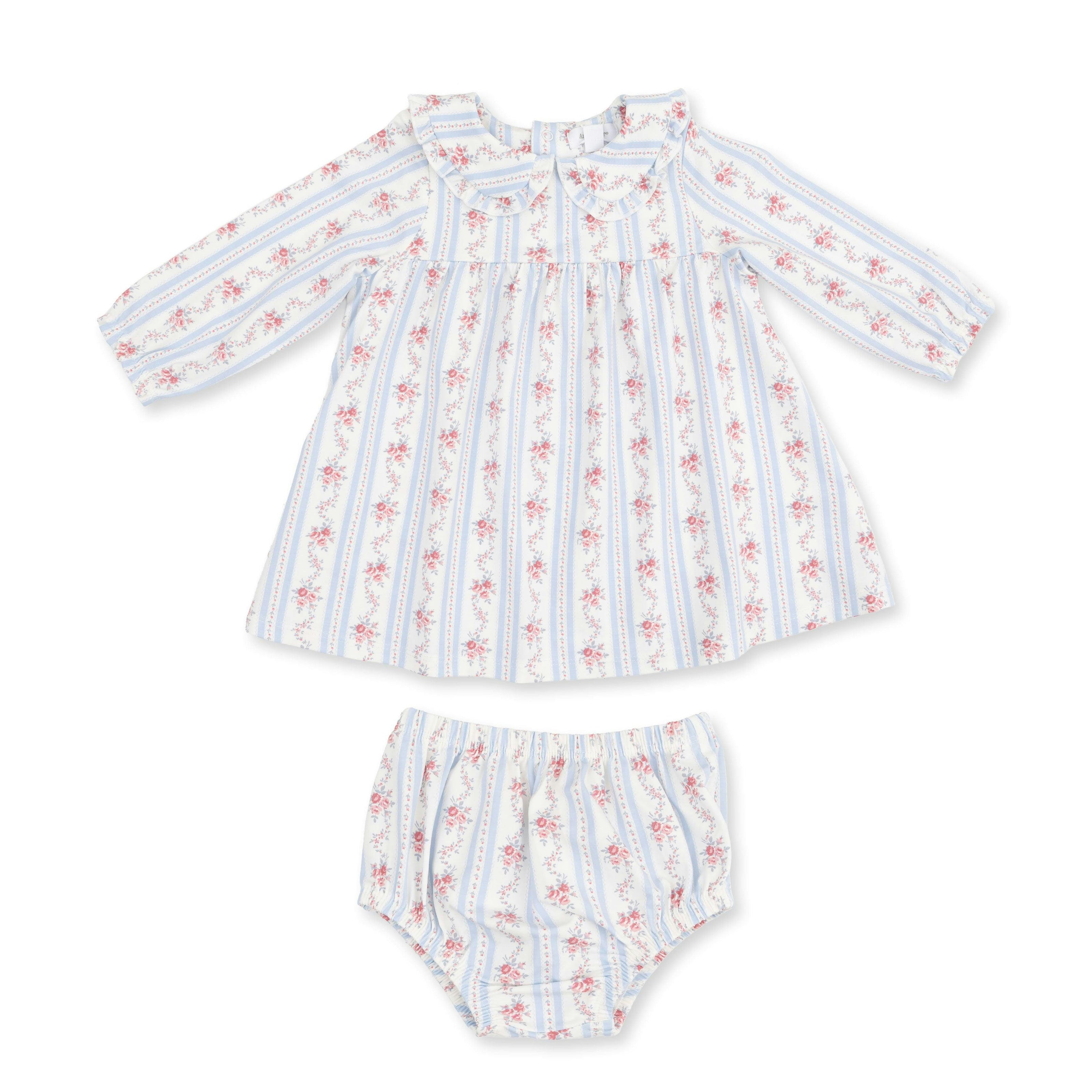 Anna Floral Stripe - Long Sleeve Peter Pan Ruffle Collar Dress and Bloomer