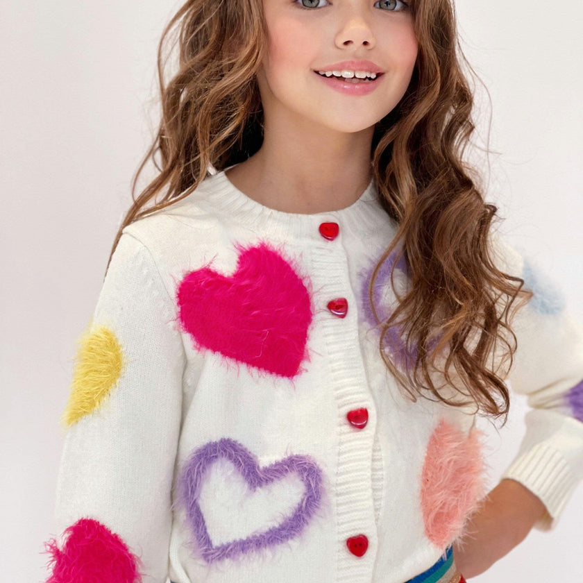 White Fuzzy Hearts Cardigan