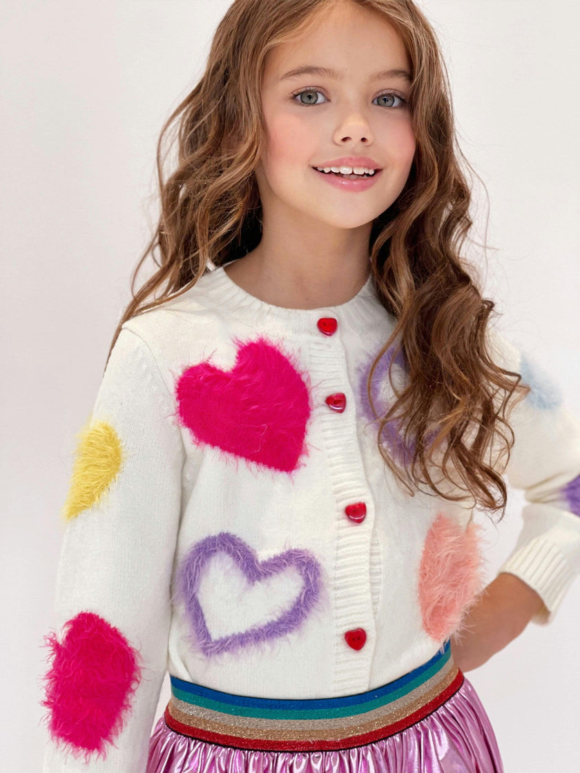 White Fuzzy Hearts Cardigan