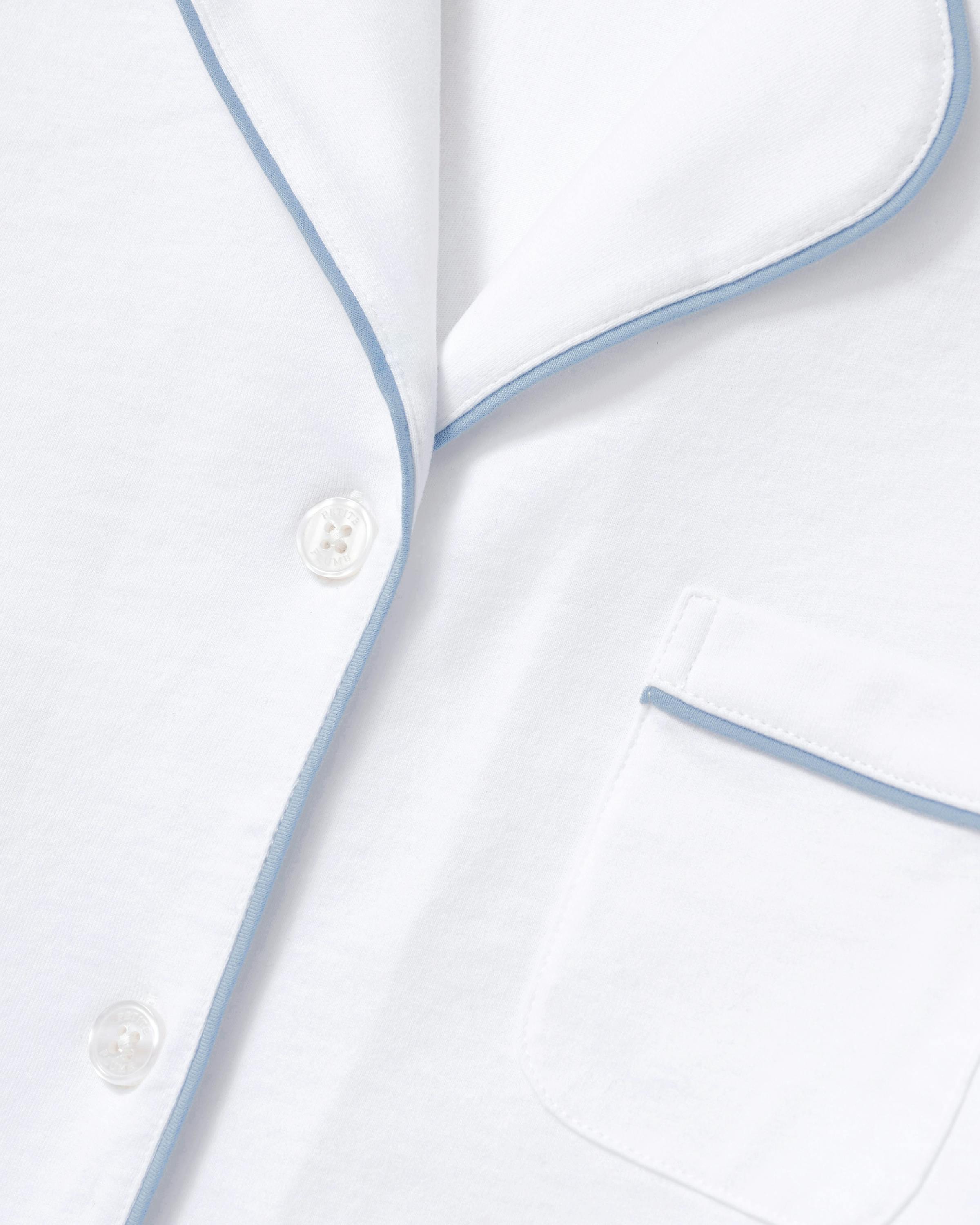 The Poppy Pima Short Set in White with Periwinkle Piping