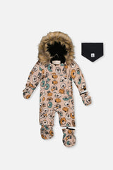 Baby One Piece Snowsuit Adapted For Car Seats Beige Dog Print