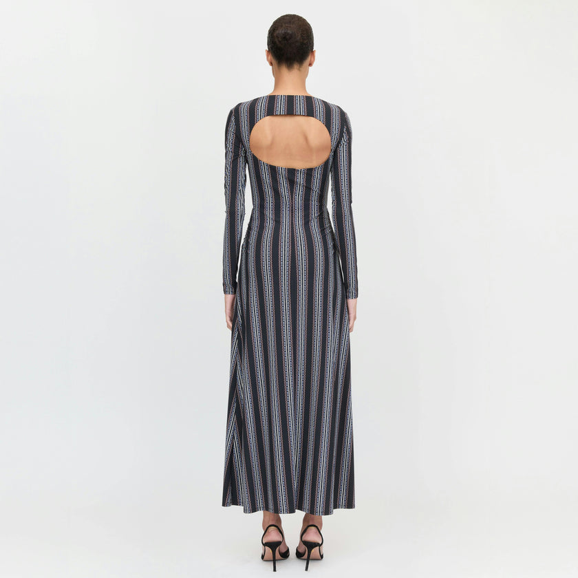The Selene Dress - Black Cobalt Medallion Stripe
