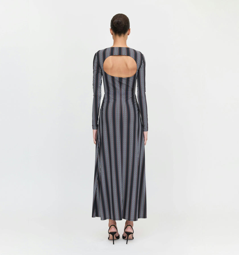 The Selene Dress - Black Cobalt Medallion Stripe