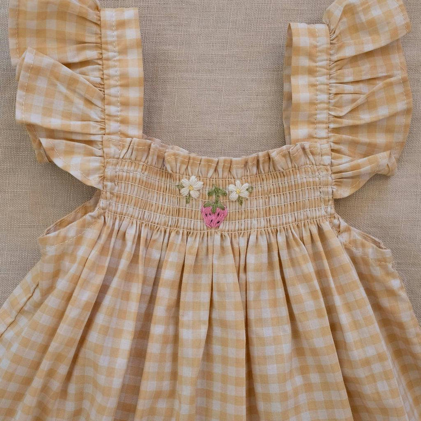 Smock Flutter Dress in Yellow Gingham/Strawberry