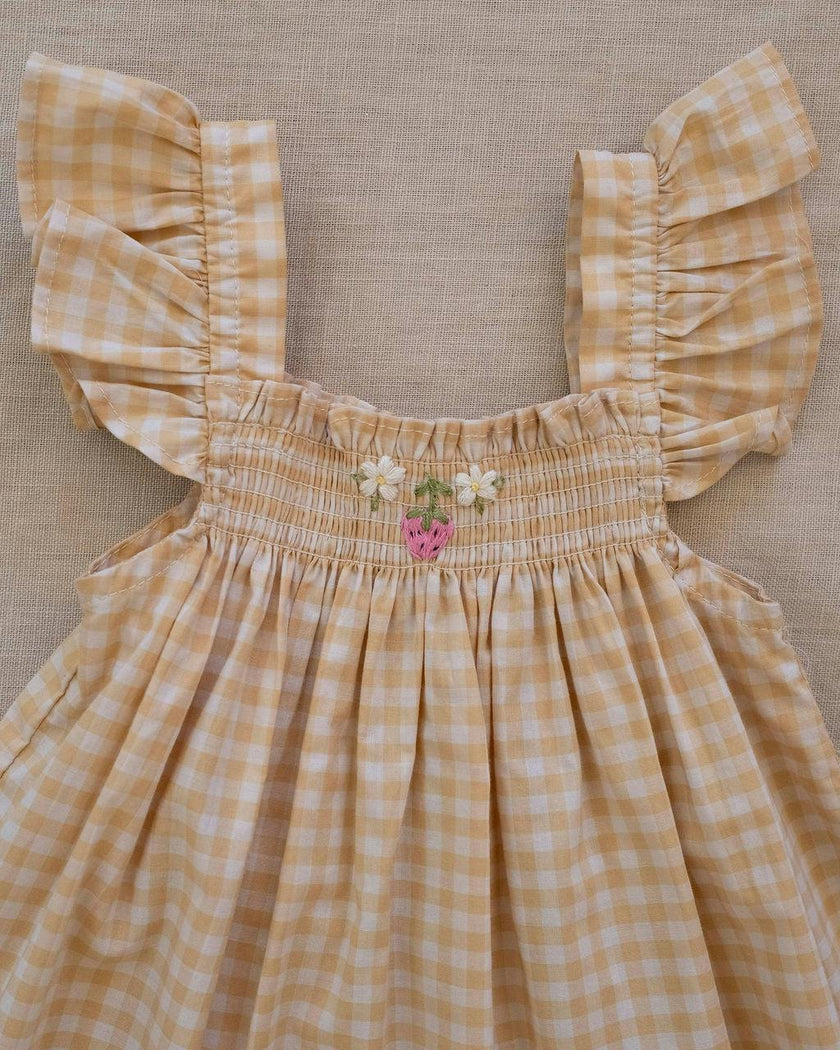Smock Flutter Dress in Yellow Gingham/Strawberry