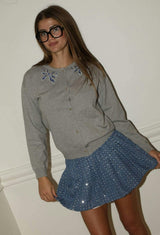Denim Sparkle Pleated Short Skirt
