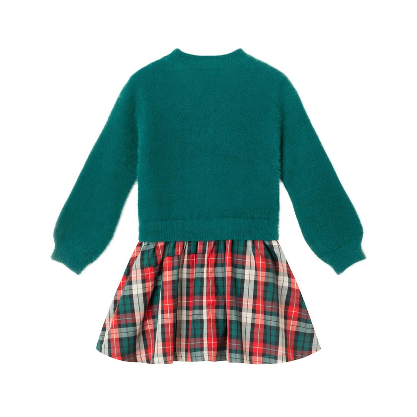 Kids Knit Twofer Dress | Green Plaid