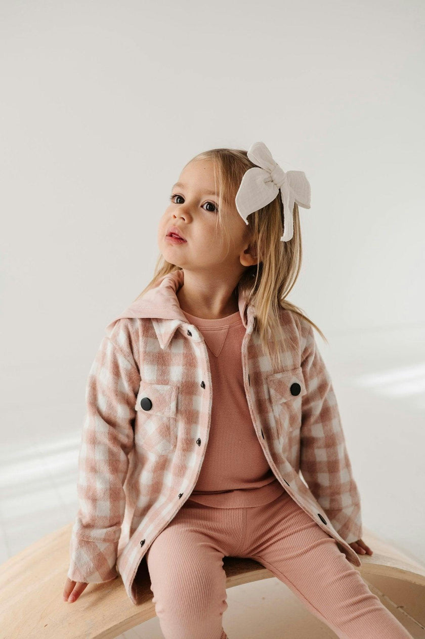 Girls Hooded Shacket in Misty Rose Plaid