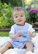 Stripe Seersucker Shortall With Lawn Mower