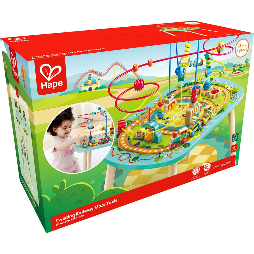 Hape: Twisting Railway Maze Table - Wooden Animal Graphics Maze Toy