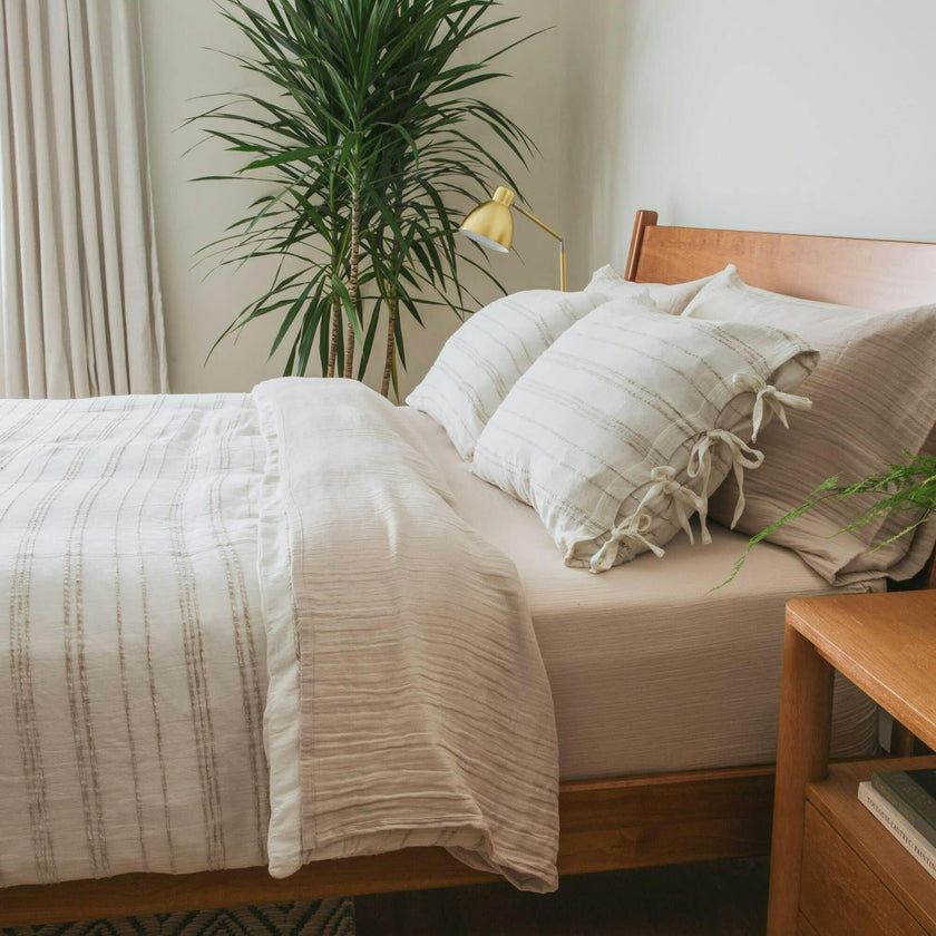 White & Beige Stripe Sham Set, White
