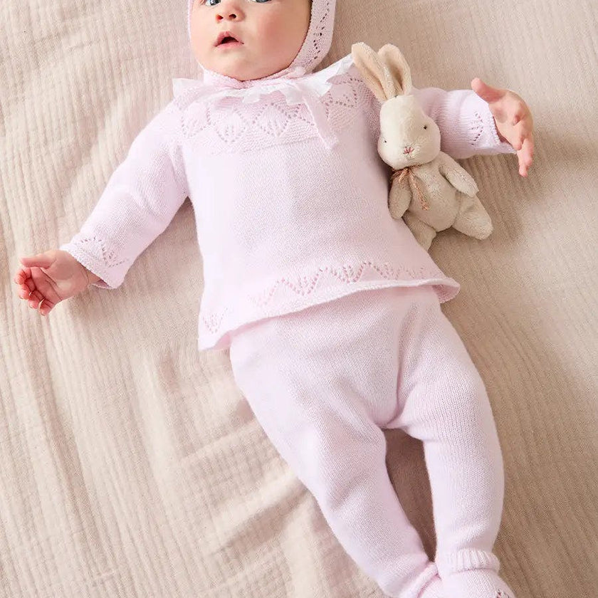 Diamond Openwork Three Piece Knitted Set in Baby Pink (1-9mths)