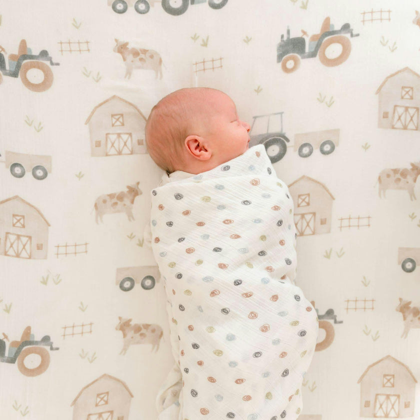 Charlie 2-pc. Farmhouse Tractor/Dot Muslin Swaddle Set