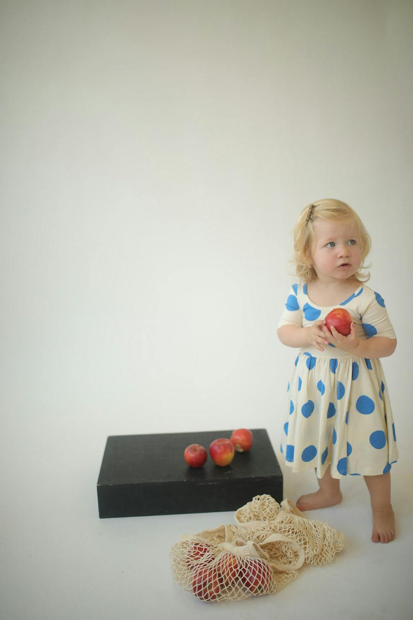 Short Sleeve Twirl Dress in Blue Dots