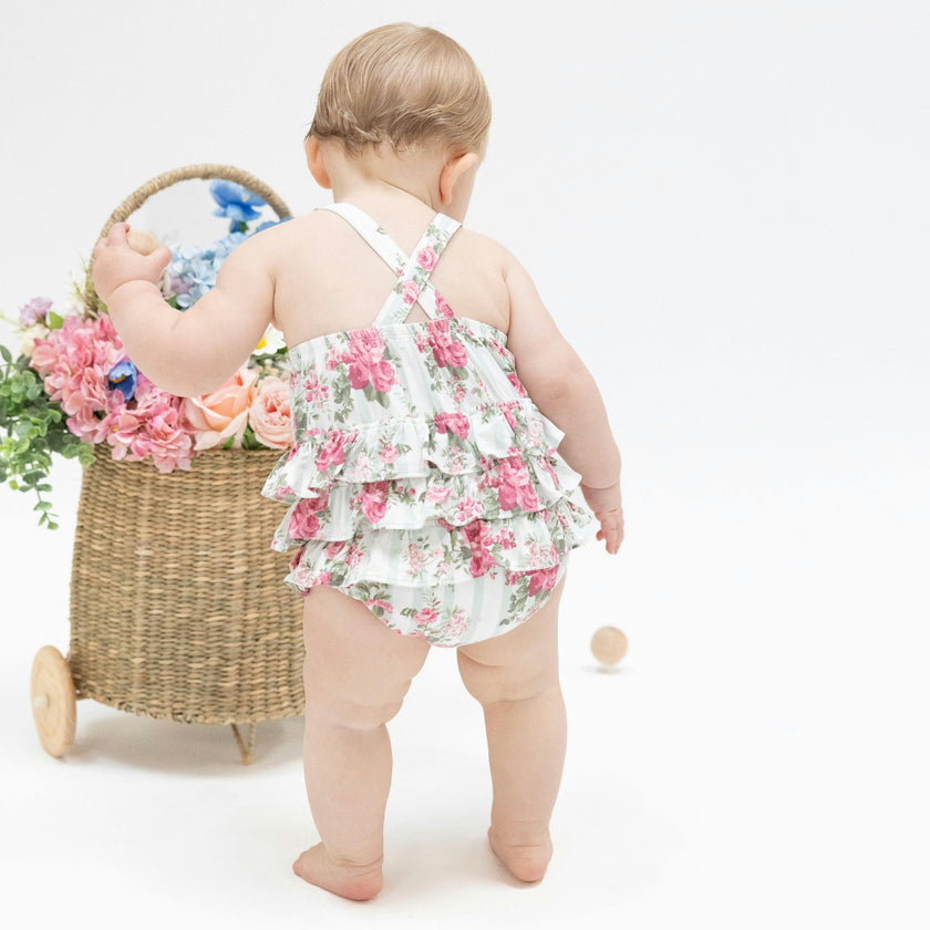 Cabbage Rose Stripe - Ruffle Sunsuit