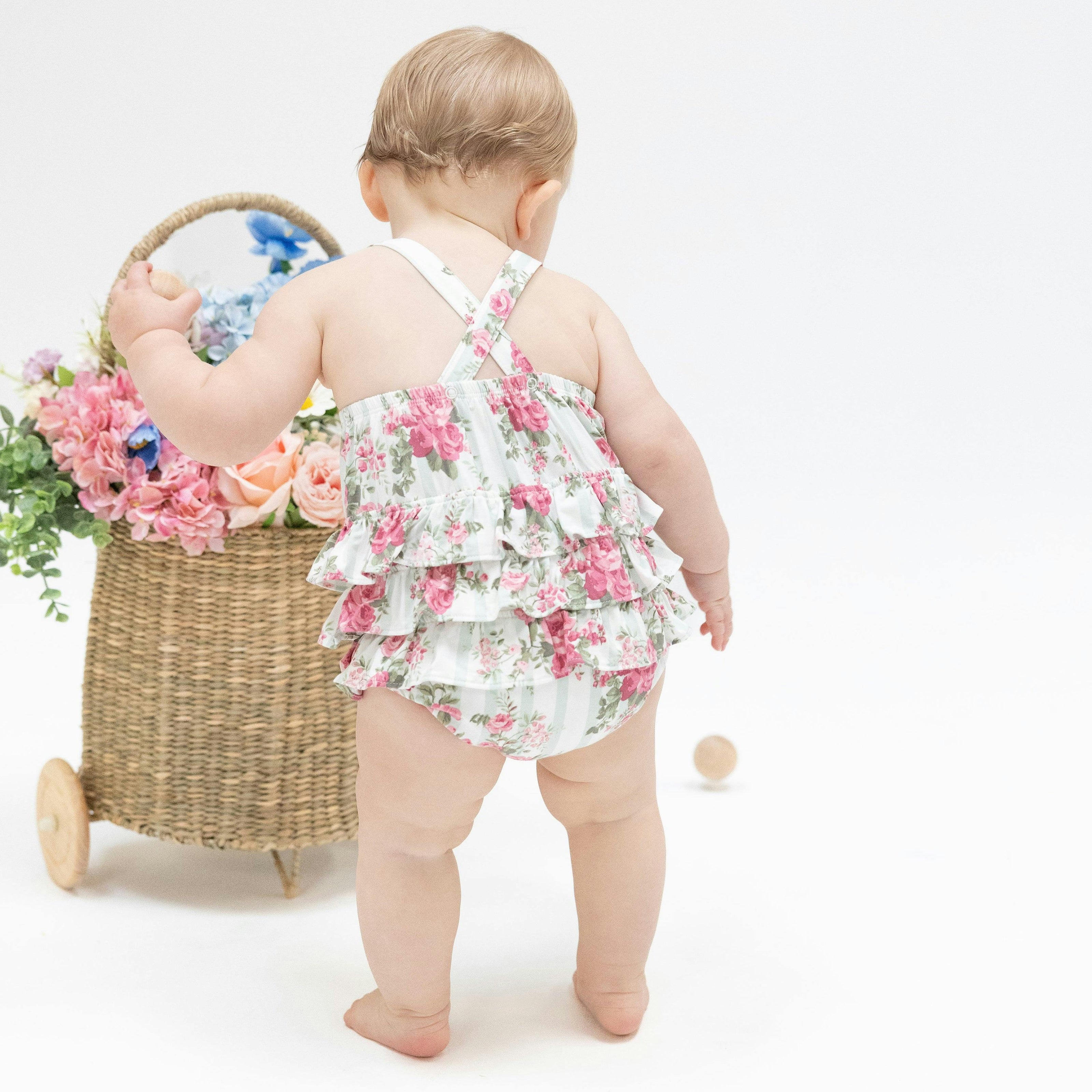 Cabbage Rose Stripe - Ruffle Sunsuit