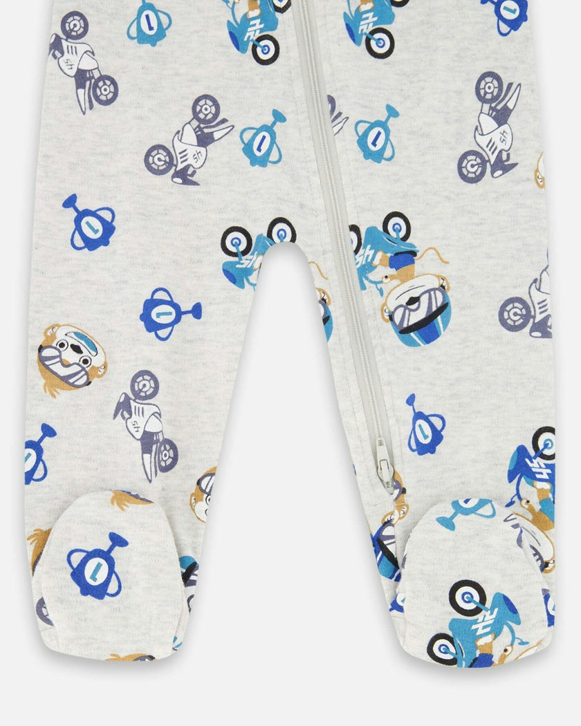 One-Piece Organic Cotton Pajama Beige Monkey Print