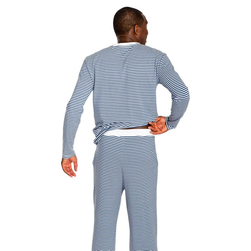 Men's Marina Jersey Long Knit Henley - Navy Stripe Organic Stretch Cotton