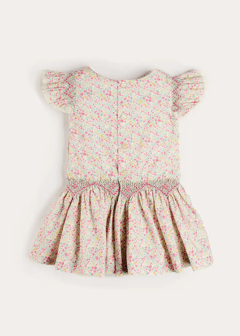 Adelaide Floral Smocked Cap Sleeve Drop Waist Dress in Pink (4-12yrs)