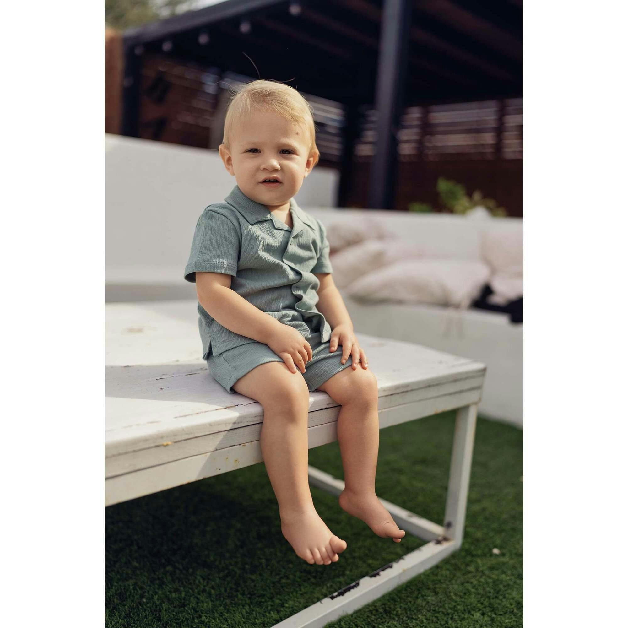 Boys Printed Gauze Collared Shirt & Short Set