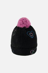 Winter Knit Hat With Pompom Black, Mauve And Blue