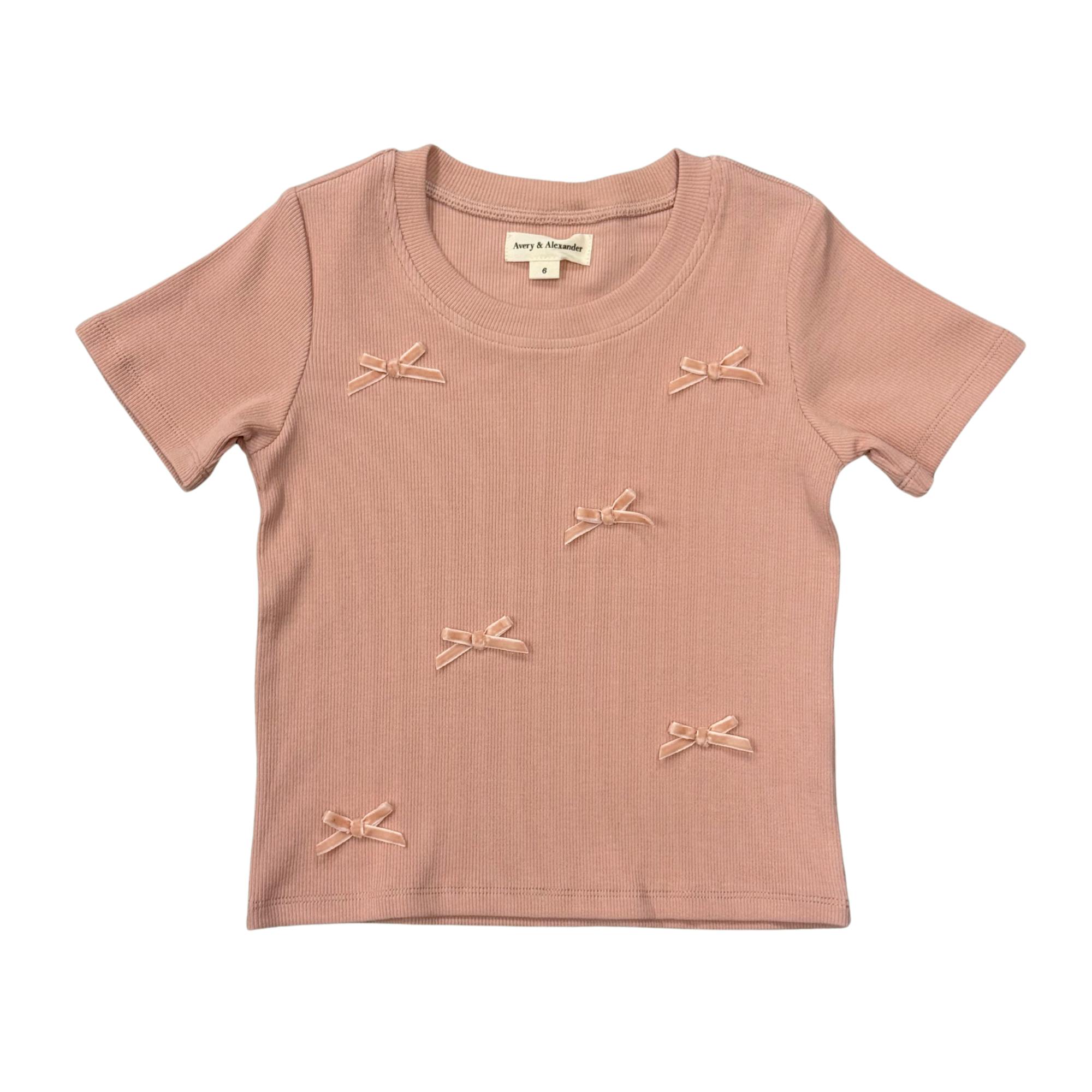 Girls Ribbed Short Sleeve Tee in Rose Cloud Bows