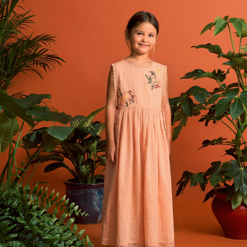 BIRDS EMBROIDERED DRESS PEACH