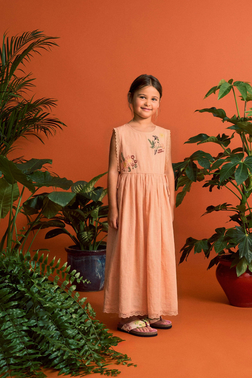 BIRDS EMBROIDERED DRESS PEACH