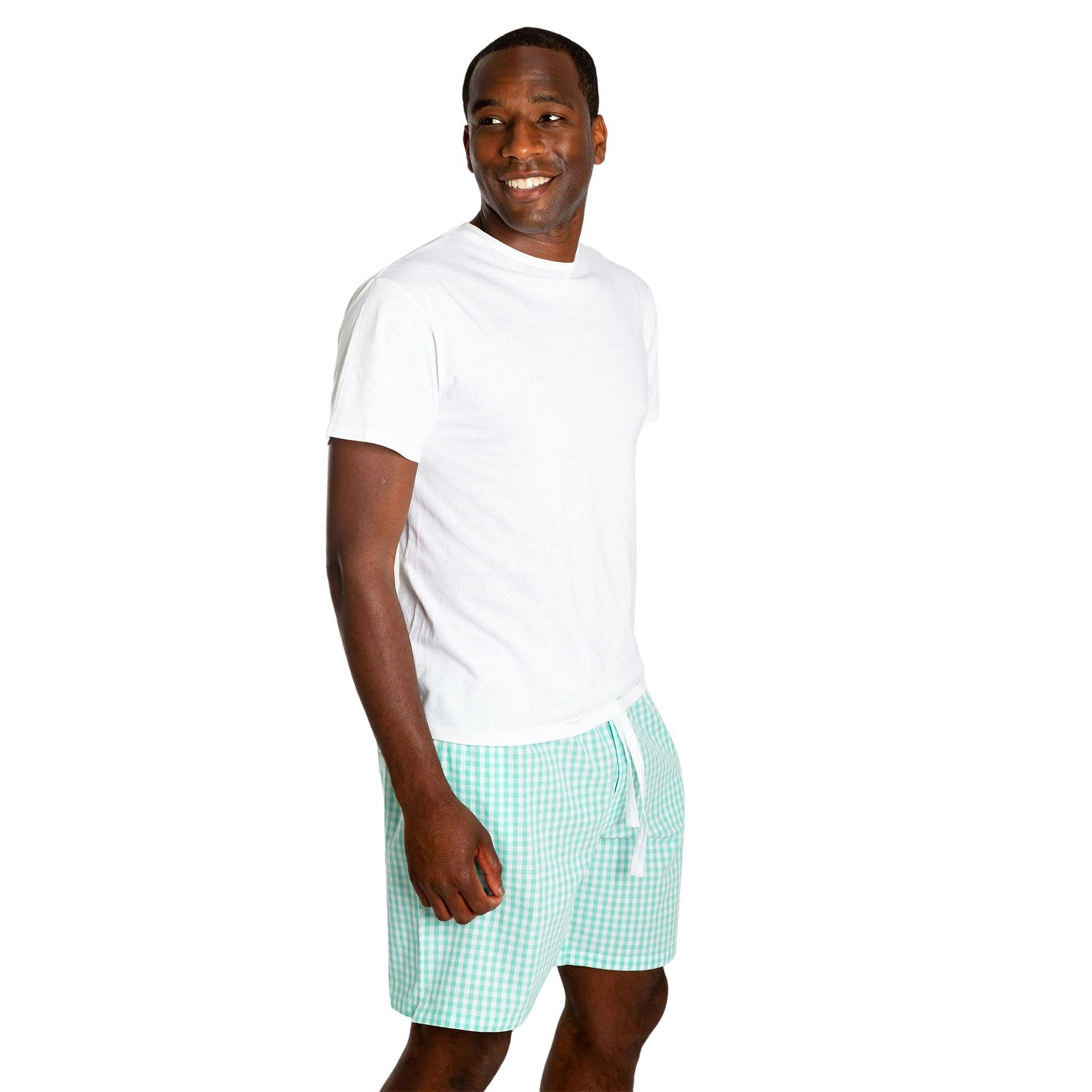 Men's Hepburn Gingham Mint Sleep Shorts - Organic Cotton Poplin