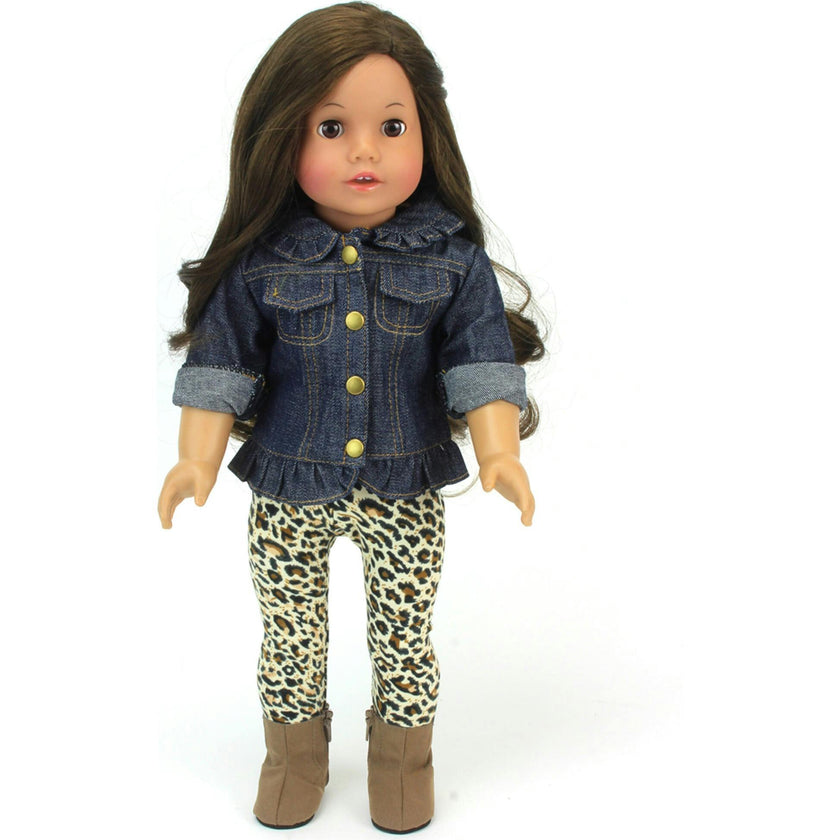 Sophia’s Jean Jacket, Cheetah Print Leggings, and Brown Faux Suede Booties for 18" Dolls