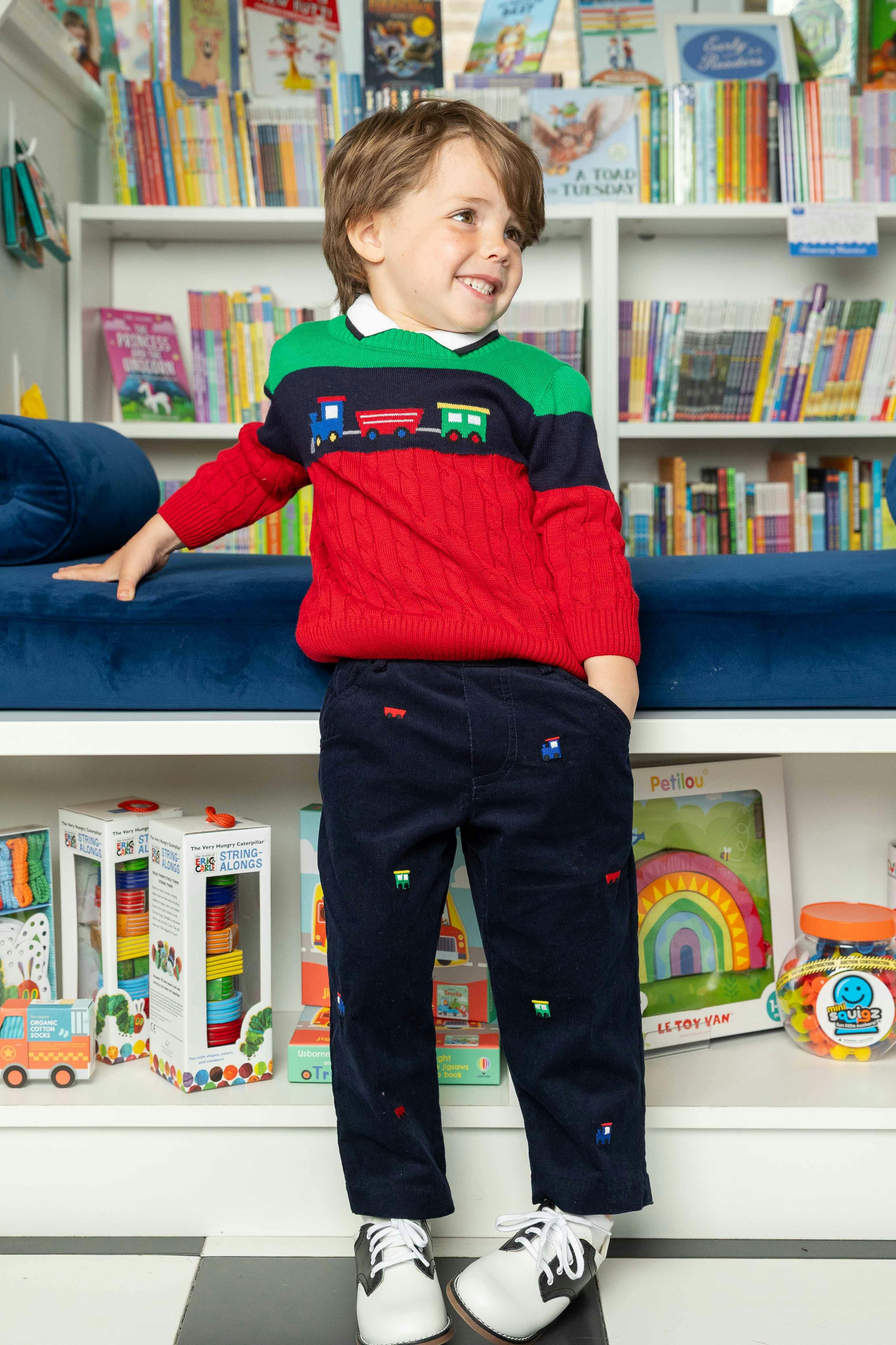 Corduroy Fake Fly Pants with Allover Embroidery