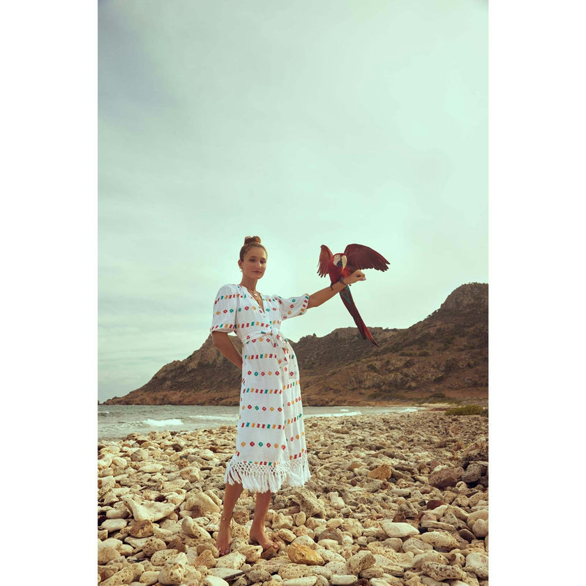 Women's Estelle Embroidered Fringed Shirt Dress, White