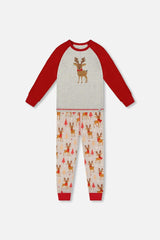 Two-Piece Organic Cotton Pajama Set Beige Reindeer Print