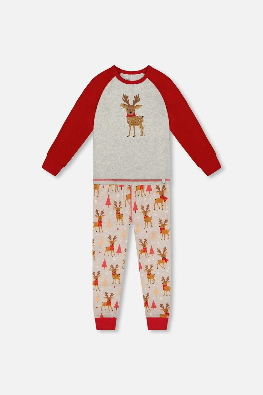 Two-Piece Organic Cotton Pajama Set Beige Reindeer Print