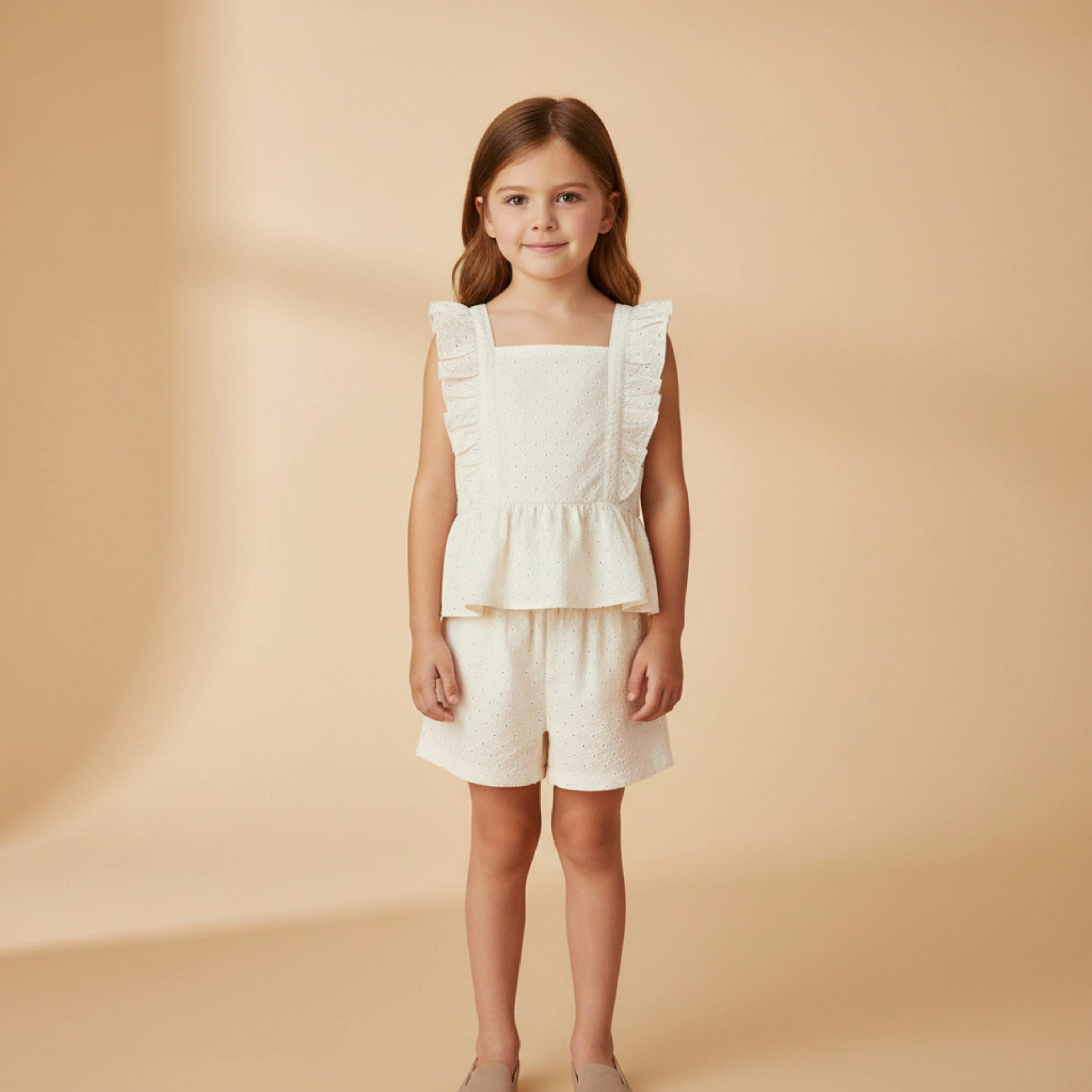 Organic Eyelet Flutter Top And Shorts Set - Ivory Eyelet